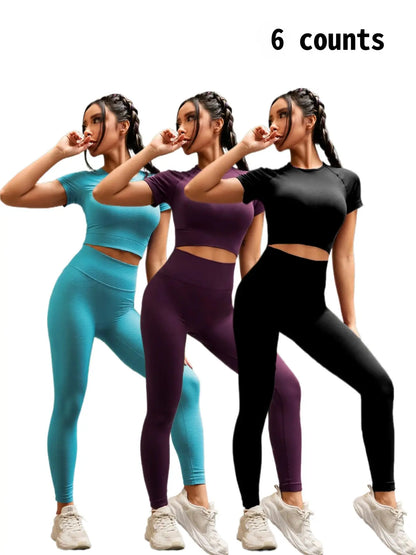 Seamless Nylon High Stretch Yoga Fitness Short Sleeve Top and Slimming Butt Lifting High Waisted Athletic Running Leggings 2 Piece Set, Sporty Style, Workout Sets Women, Fitness Clothing