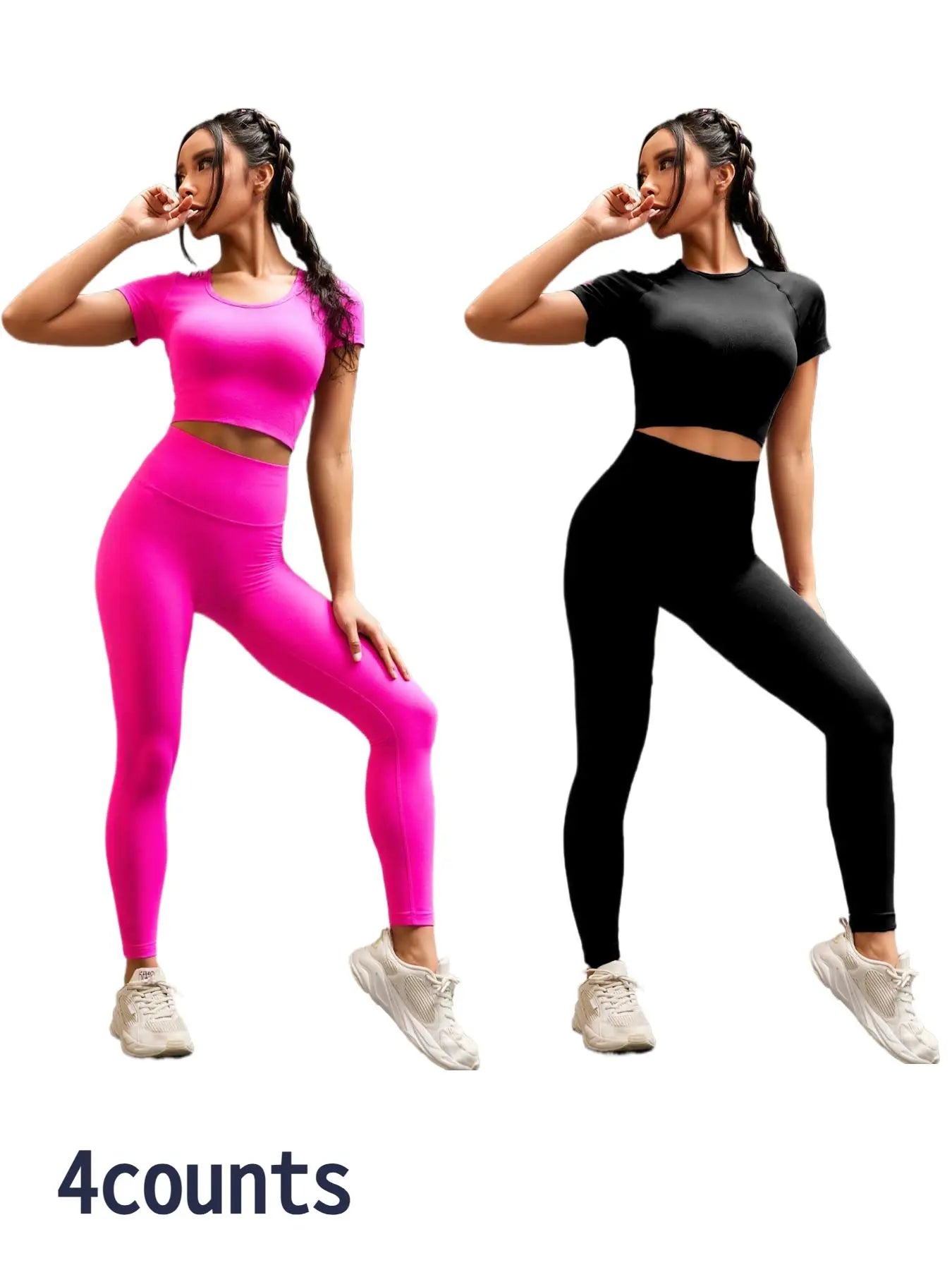 Seamless Nylon High Stretch Yoga Fitness Short Sleeve Top and Slimming Butt Lifting High Waisted Athletic Running Leggings 2 Piece Set, Sporty Style, Workout Sets Women, Fitness Clothing