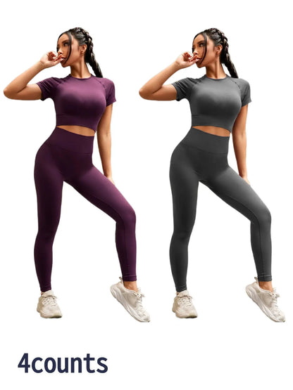 Seamless Nylon High Stretch Yoga Fitness Short Sleeve Top and Slimming Butt Lifting High Waisted Athletic Running Leggings 2 Piece Set, Sporty Style, Workout Sets Women, Fitness Clothing