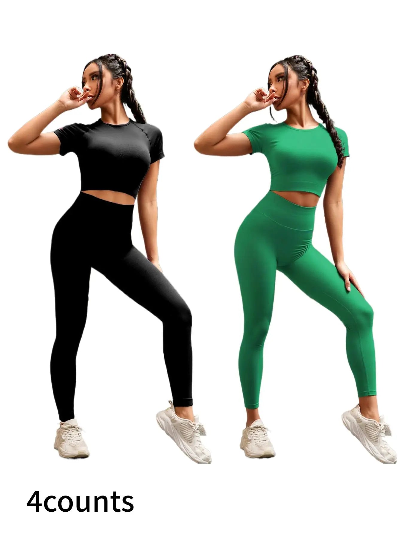 Seamless Nylon High Stretch Yoga Fitness Short Sleeve Top and Slimming Butt Lifting High Waisted Athletic Running Leggings 2 Piece Set, Sporty Style, Workout Sets Women, Fitness Clothing