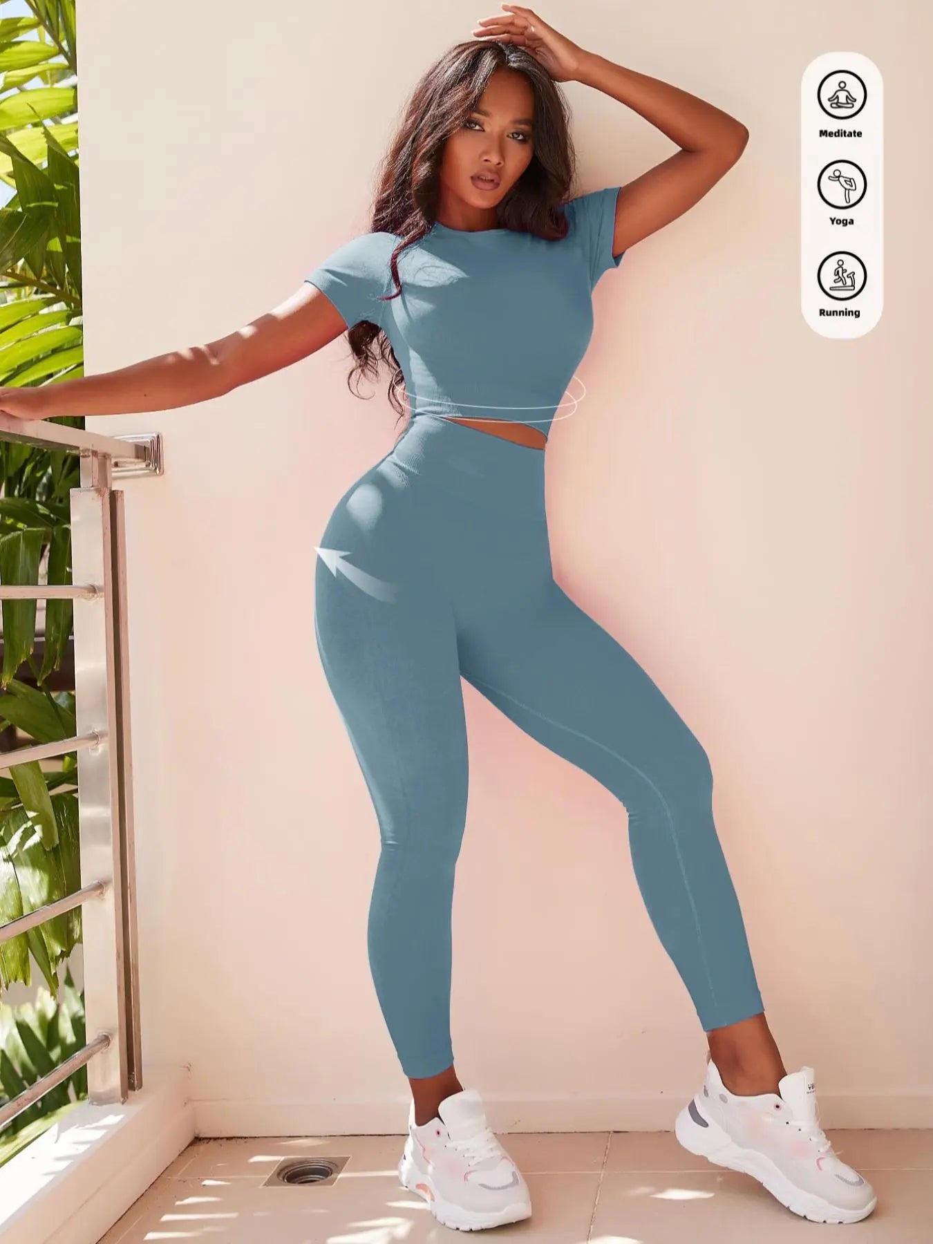 Seamless Nylon High Stretch Yoga Fitness Short Sleeve Top and Slimming Butt Lifting High Waisted Athletic Running Leggings 2 Piece Set, Sporty Style, Workout Sets Women, Fitness Clothing
