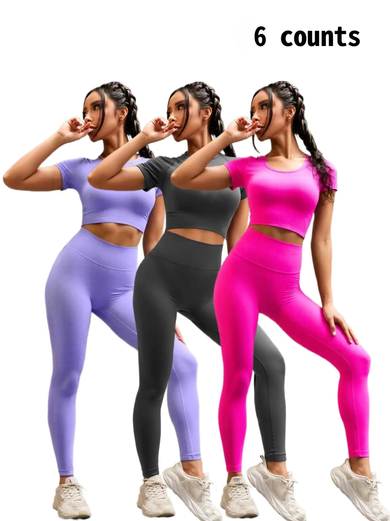 Seamless Nylon High Stretch Yoga Fitness Short Sleeve Top and Slimming Butt Lifting High Waisted Athletic Running Leggings 2 Piece Set, Sporty Style, Workout Sets Women, Fitness Clothing