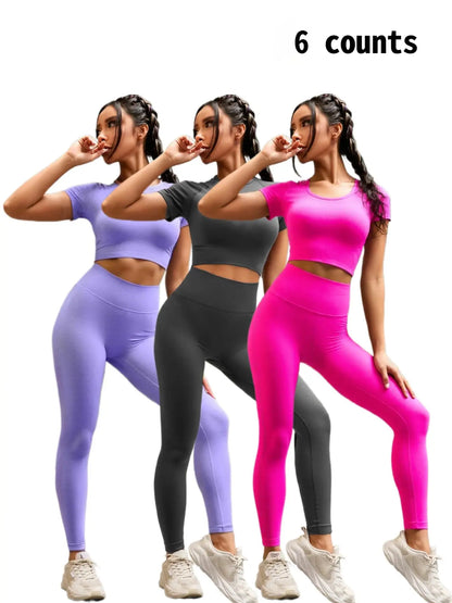 Seamless Nylon High Stretch Yoga Fitness Short Sleeve Top and Slimming Butt Lifting High Waisted Athletic Running Leggings 2 Piece Set, Sporty Style, Workout Sets Women, Fitness Clothing