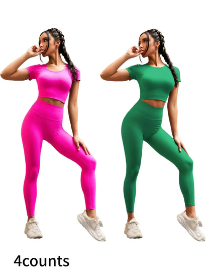 Seamless Nylon High Stretch Yoga Fitness Short Sleeve Top and Slimming Butt Lifting High Waisted Athletic Running Leggings 2 Piece Set, Sporty Style, Workout Sets Women, Fitness Clothing
